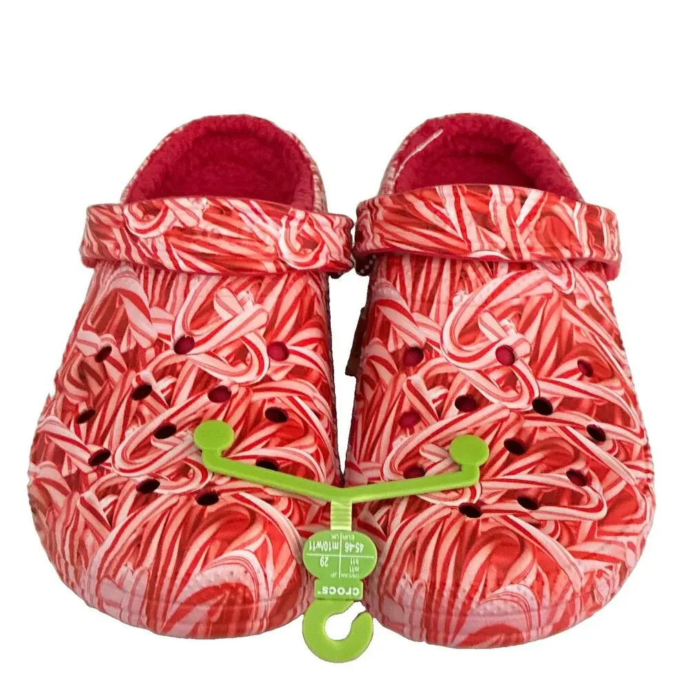 NWT Crocs Classic Lined Candy Cane Clog Red/White Faux Fur Slip On Men US 11